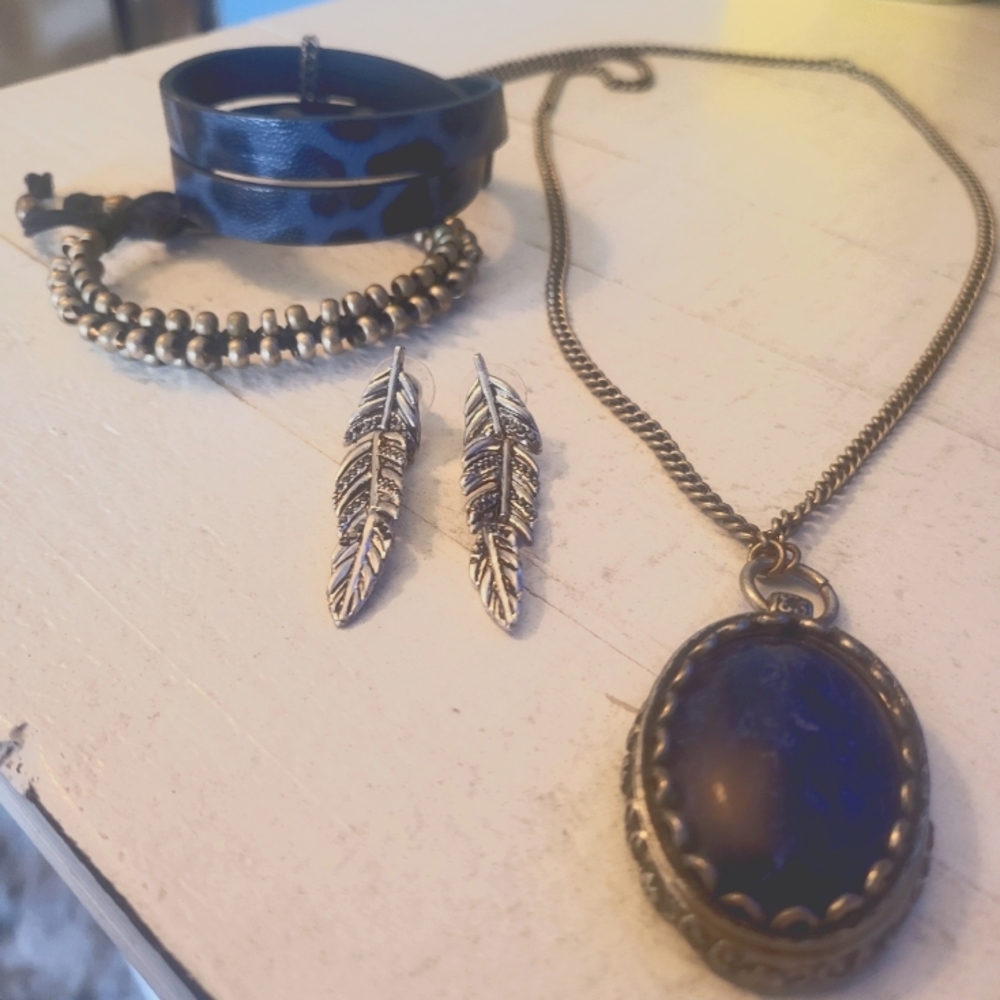 Jewelry Bundle: Quality Blue Stone Necklace, Earings & 2 Bracelets